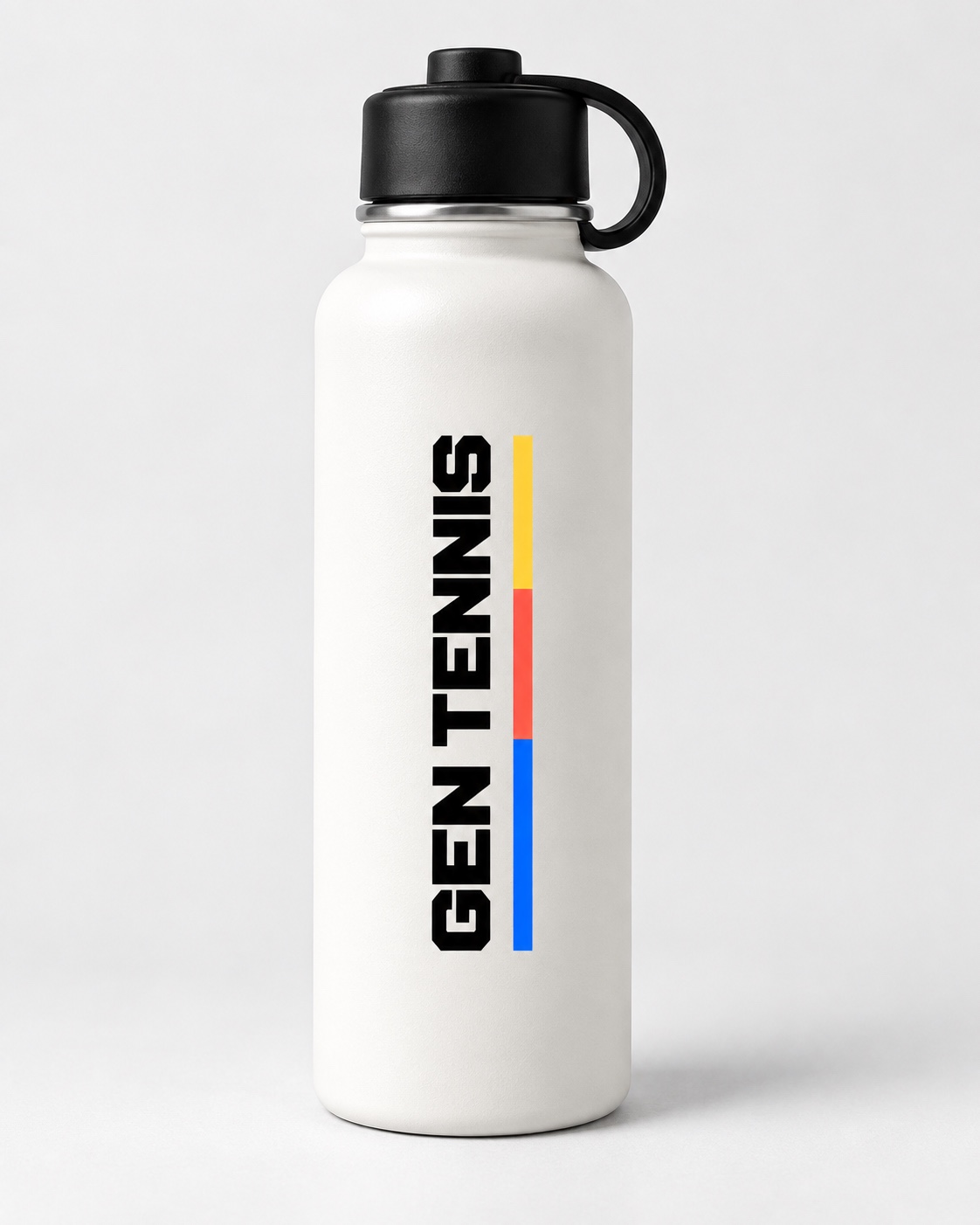 White bottle concept with vertical GEN Tennis wordmark and blue, red and yellow bar