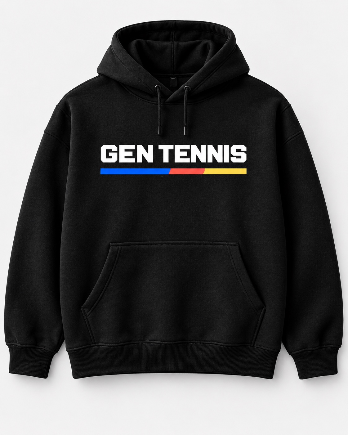 Black hoodie concept with white GEN Tennis wordmark and three-color accent bar
