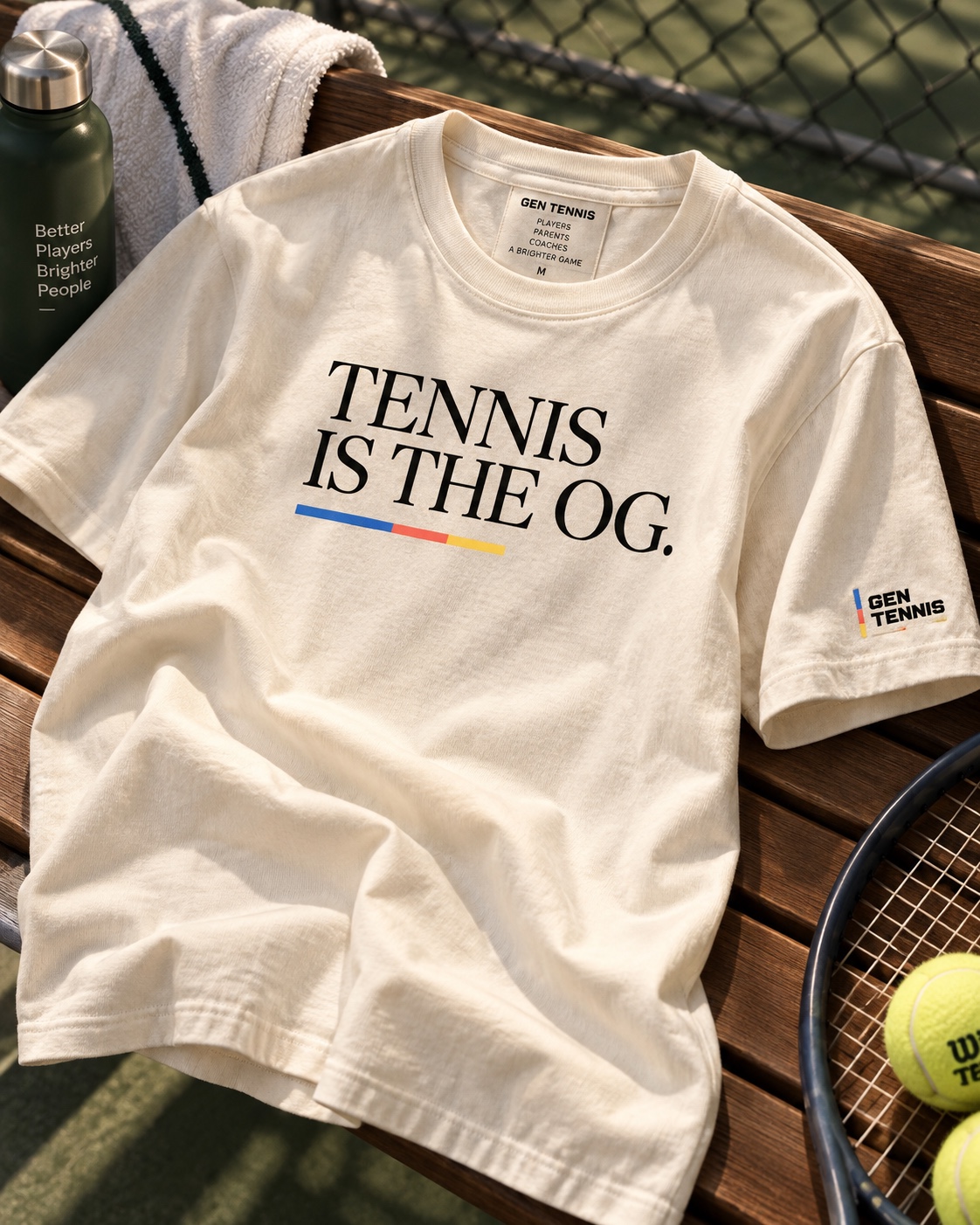 Cream T-shirt concept on a court bench with Tennis is the OG lettering and three-color accents