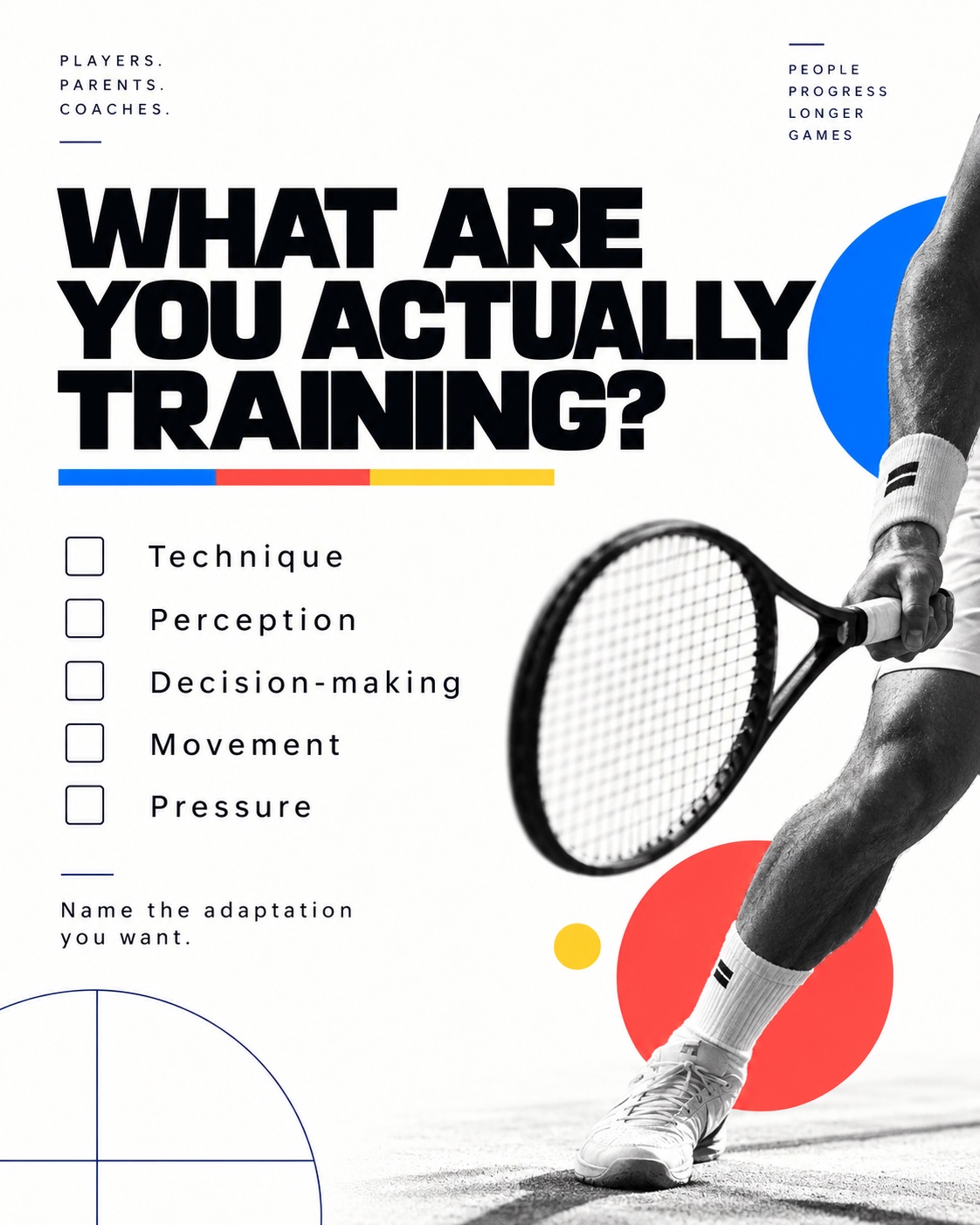 What are you actually training? GEN Tennis artwork with a tennis player and technique, perception, decision-making, movement and pressure prompts.