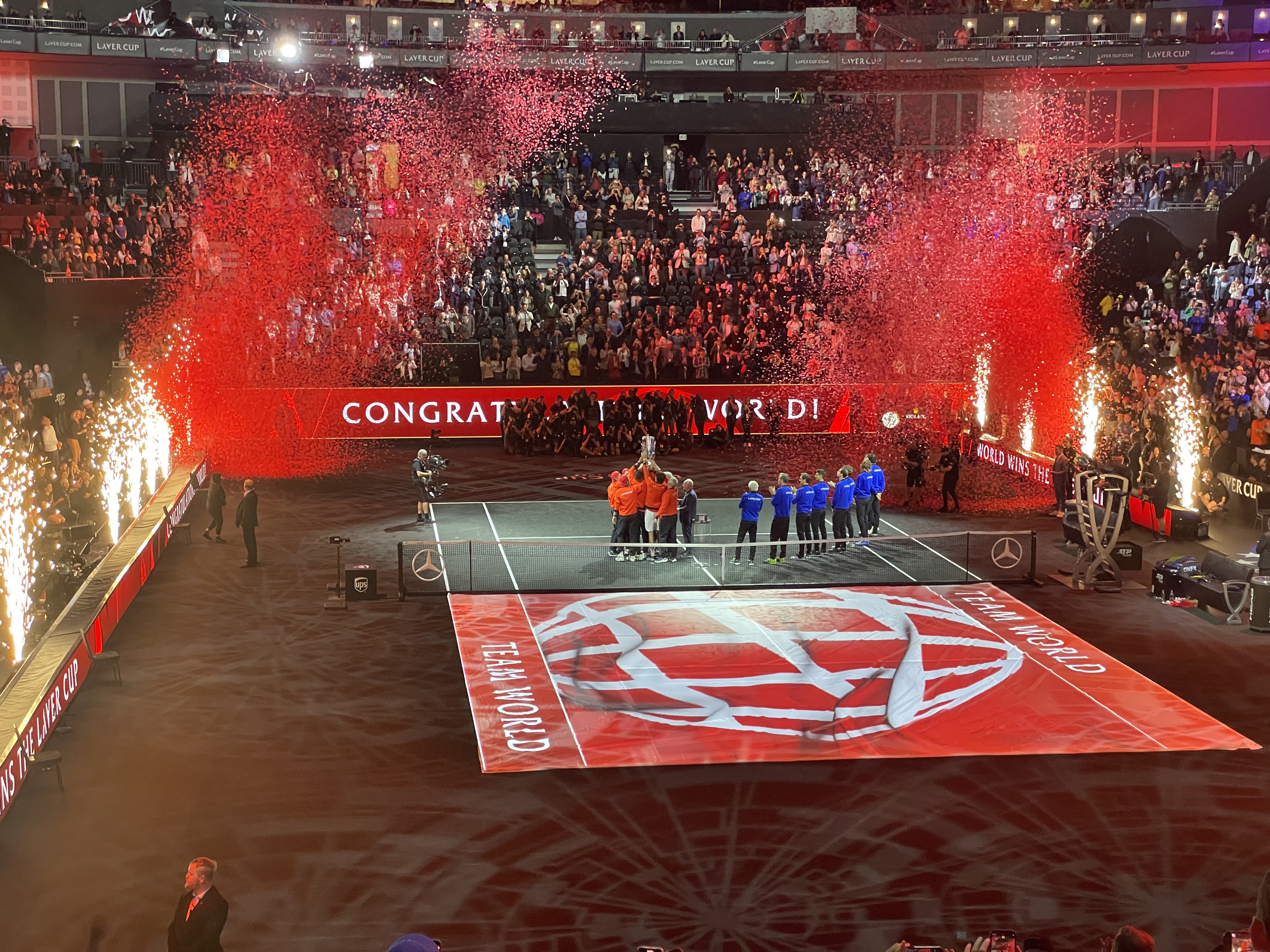 Archival photograph: Team World lifts the trophy amid red confetti at the 2022 Laver Cup in London